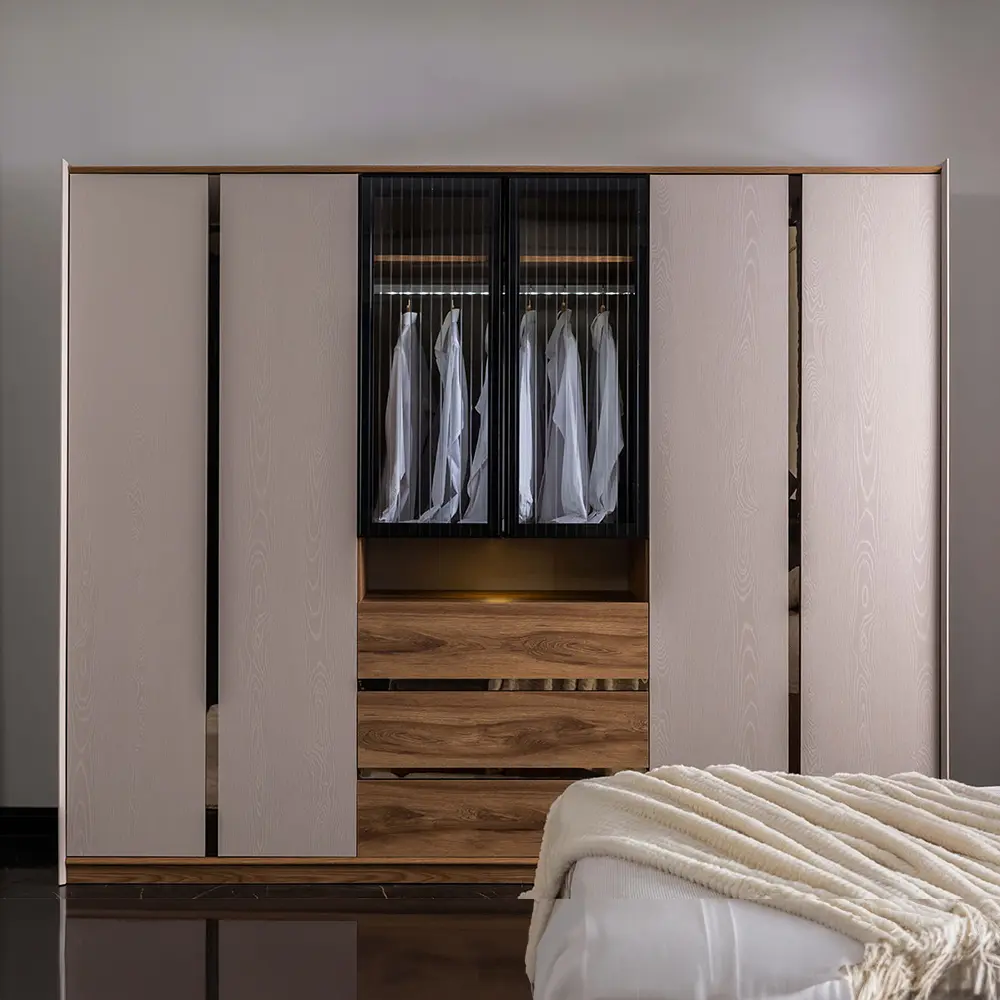 Gizza cream wardrobe with open walnut drawer centre and lit fluted glass bay – Asbar Furniture