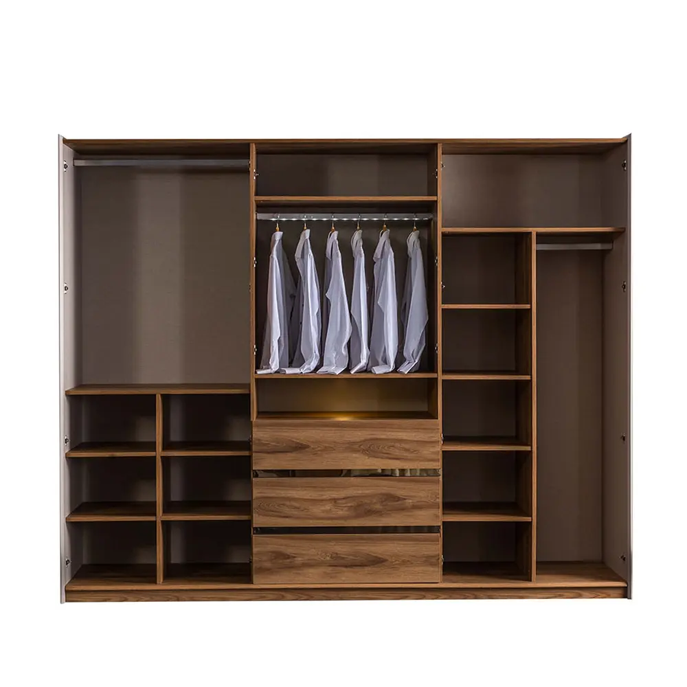 Gizza wardrobe interior showing walnut lining, hanging rails, drawers, and shelving – Asbar Furniture