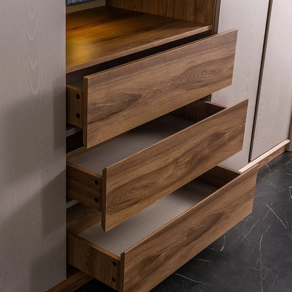 Close-up of Gizza wardrobe walnut drawers with lined bases pulled open – Asbar Furniture