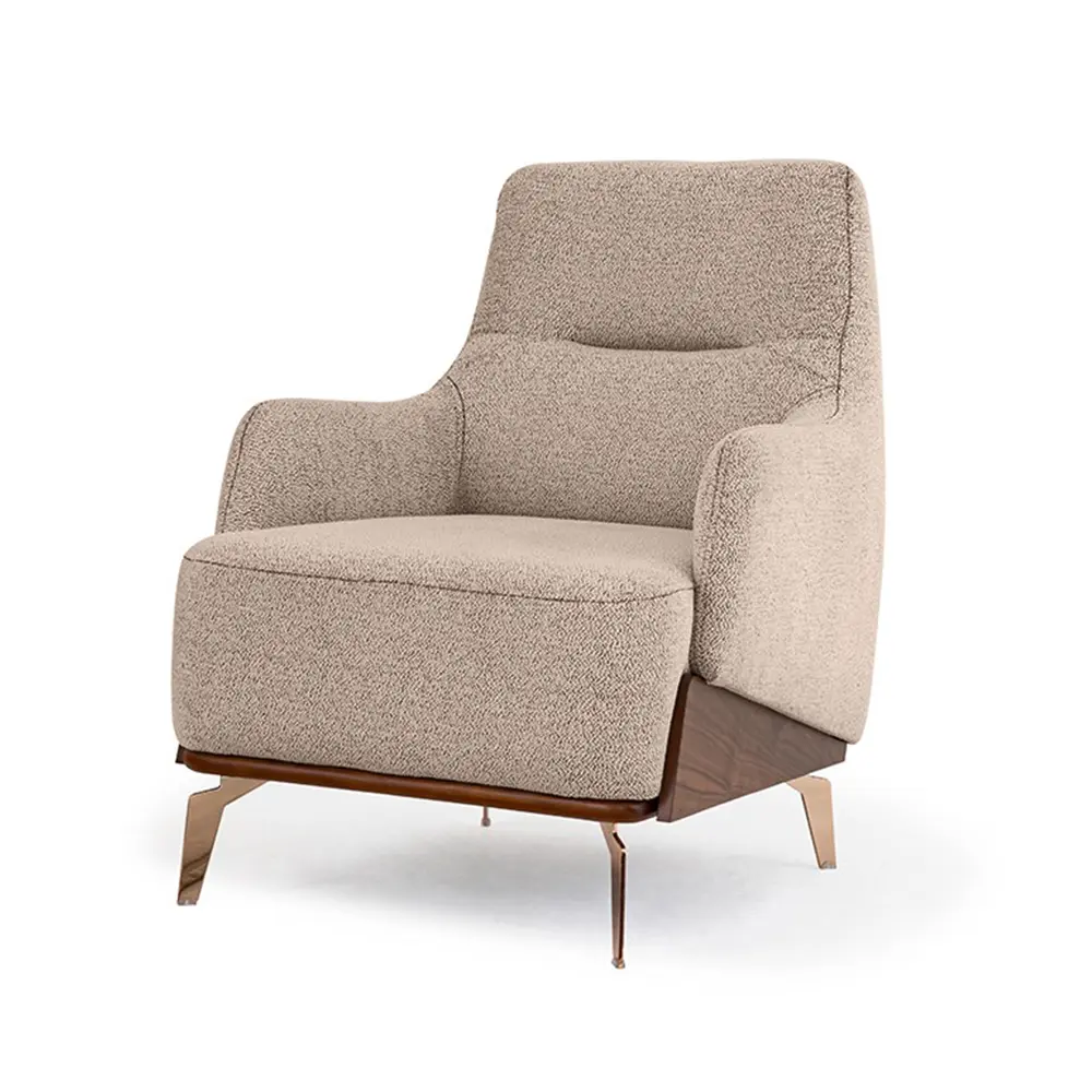Lavin beige bouclé accent chair angled view with rose gold stainless steel legs – Asbar Furniture