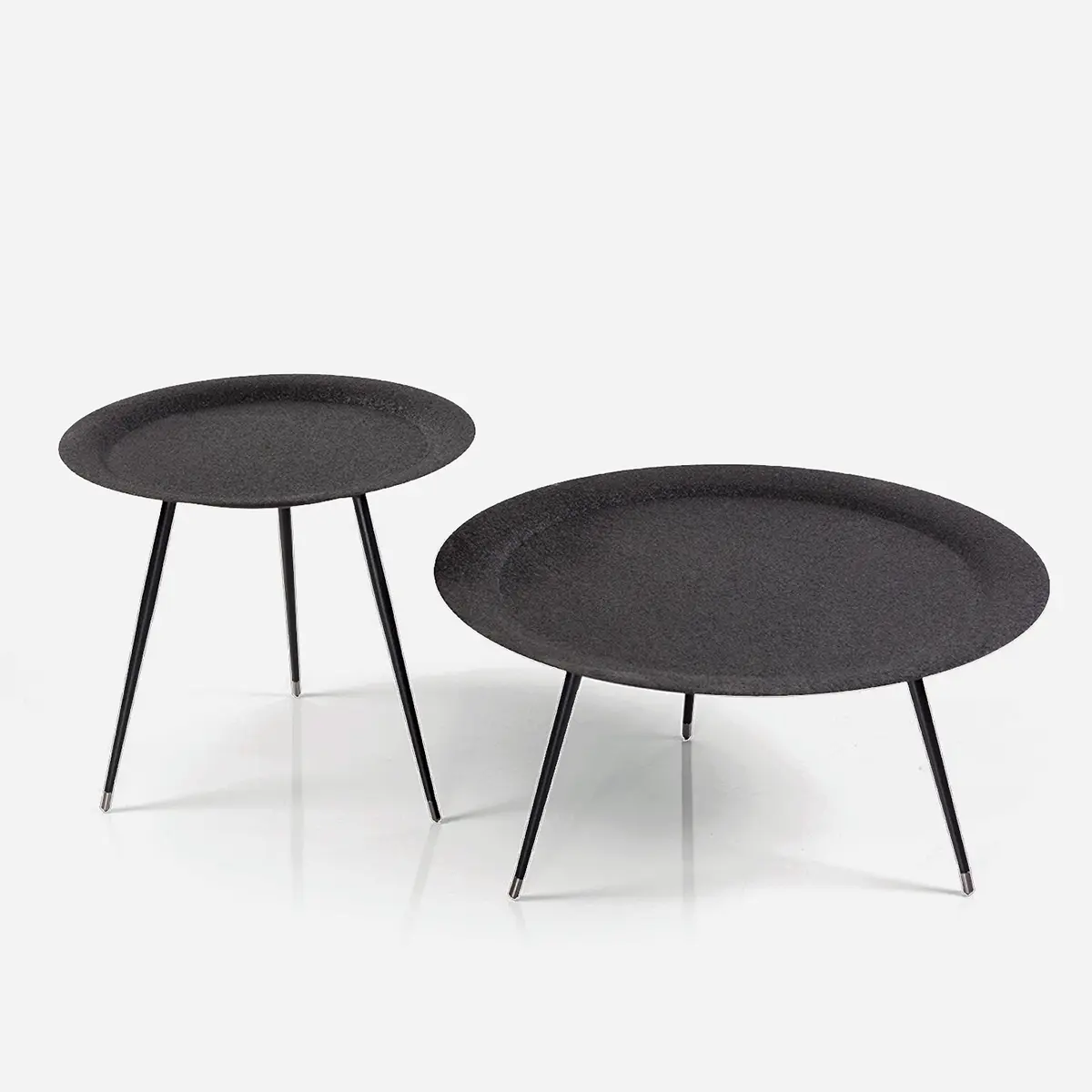Two round Orbit metal coffee tables with slim tripod legs – Asbar Furniture