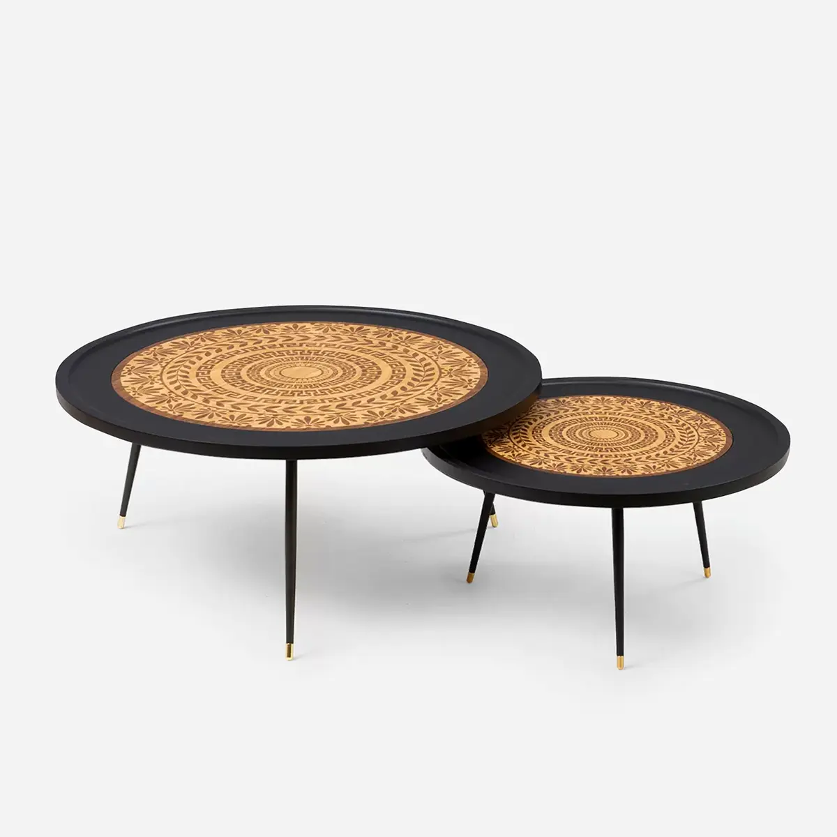 Two round Mandala coffee tables in black with mandala wood carving – Asbar Furniture