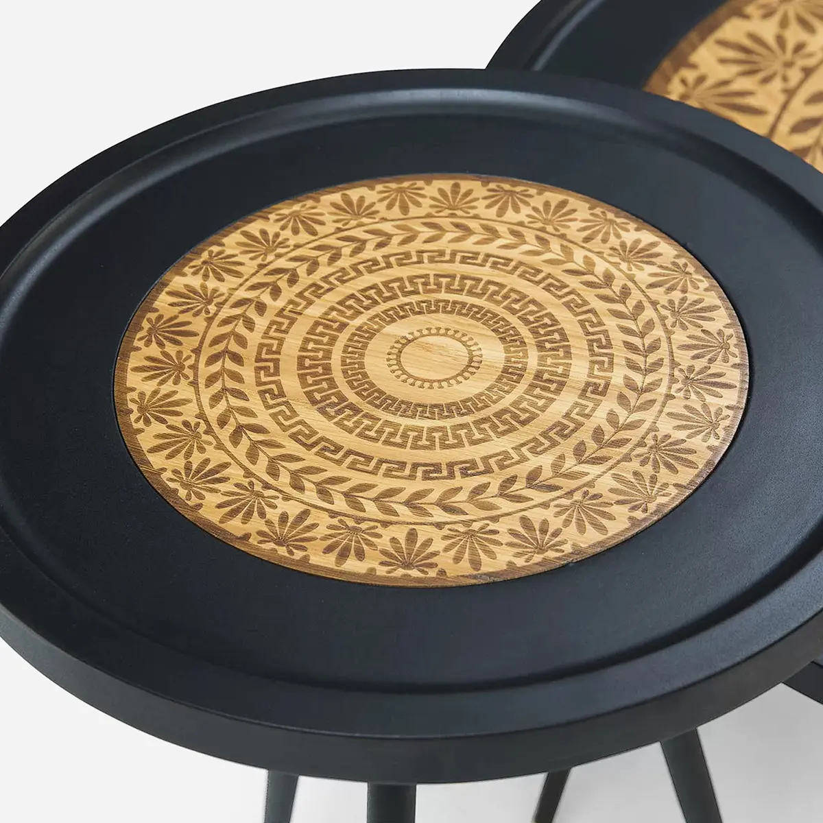 Close-up of the laser-carved mandala pattern on the wooden inlay – Asbar Furniture