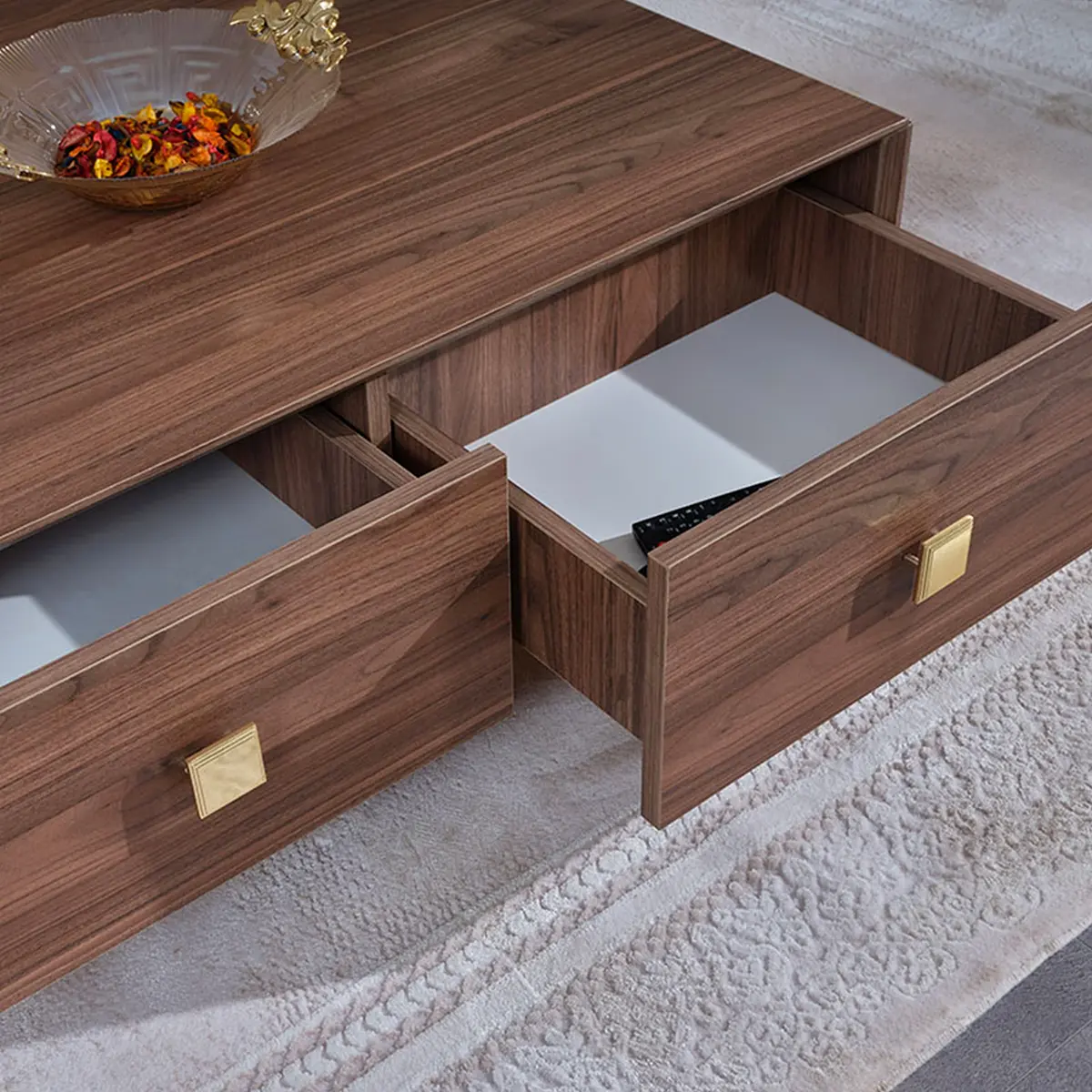 Open drawers on the Soft walnut coffee table showing internal storage – Asbar Furniture