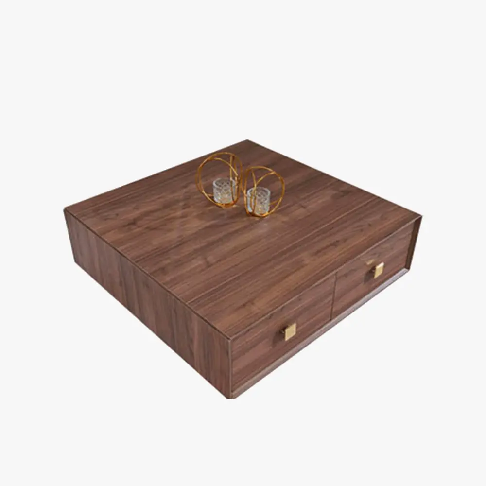 Square walnut coffee table with gold plinth base and drawer handles – Asbar Furniture
