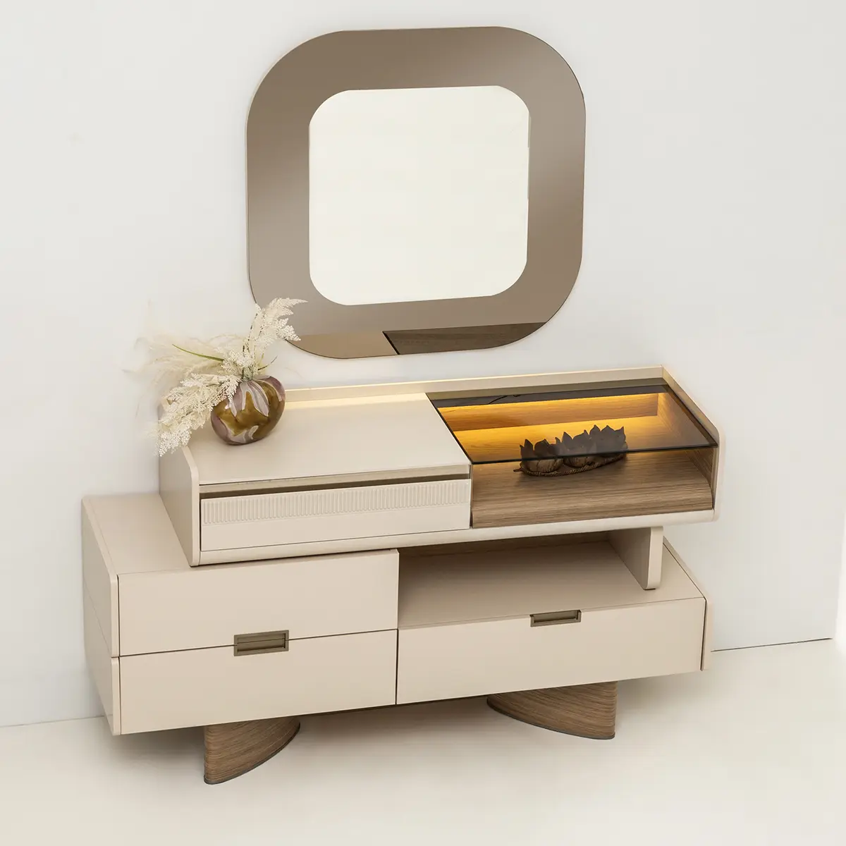 Aura dressing table with mirror and illuminated glass display – Asbar Furniture