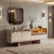 Aura Sideboard in Cream and Walnut with wall mirror in a modern dining room – Asbar Furniture
