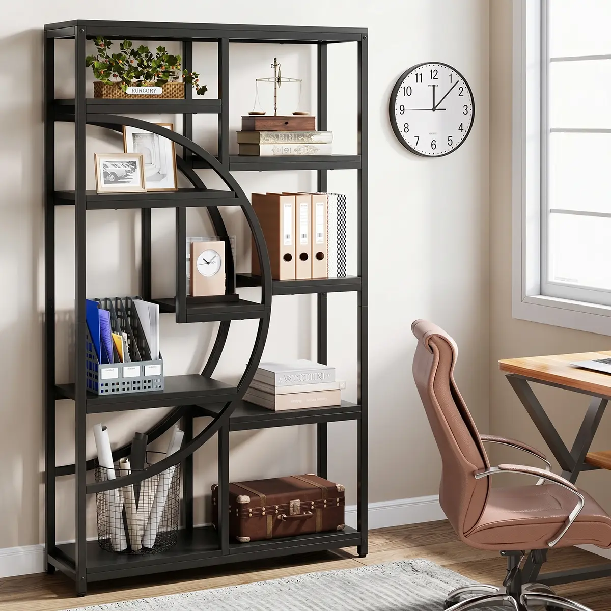 Modern all-black display unit with half-moon center and staggered shelves in a home office