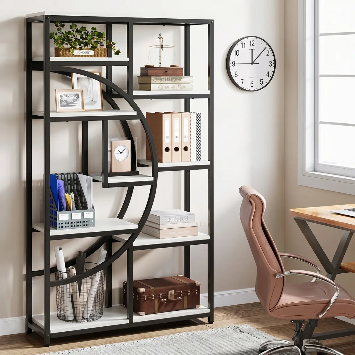 Modern display unit with black frame, half-moon center and matte white shelves in a home office