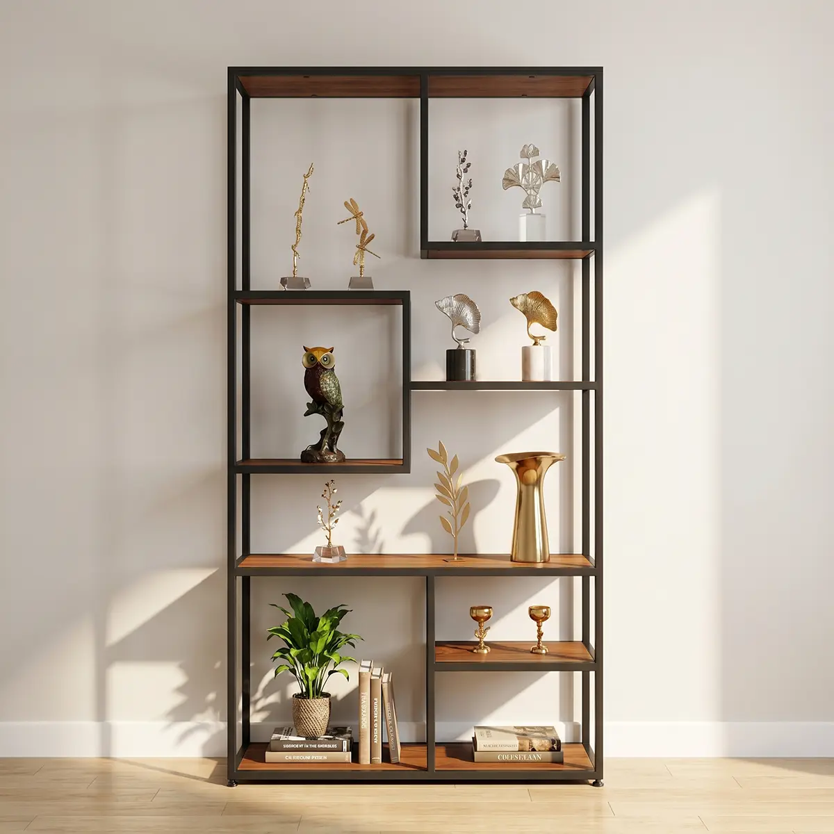 Tall display shelf with black frame, staggered wood shelves and open cubes, front view
