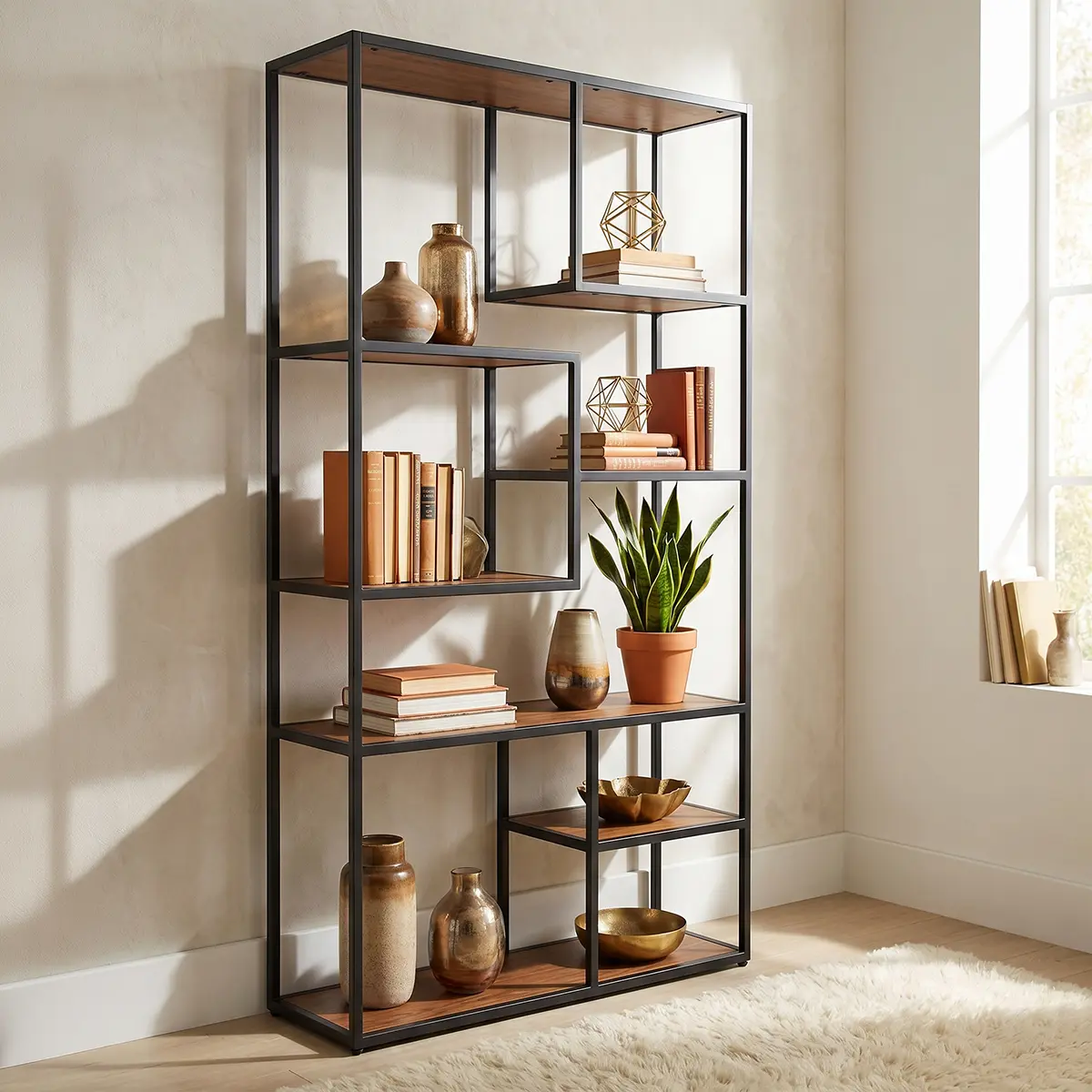 Modern geometric display unit with black iron frame and warm wood veneer shelves, angled view