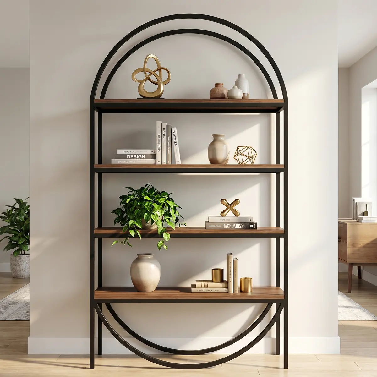Tall arched display shelf with circular black frame and four wood shelves, front view