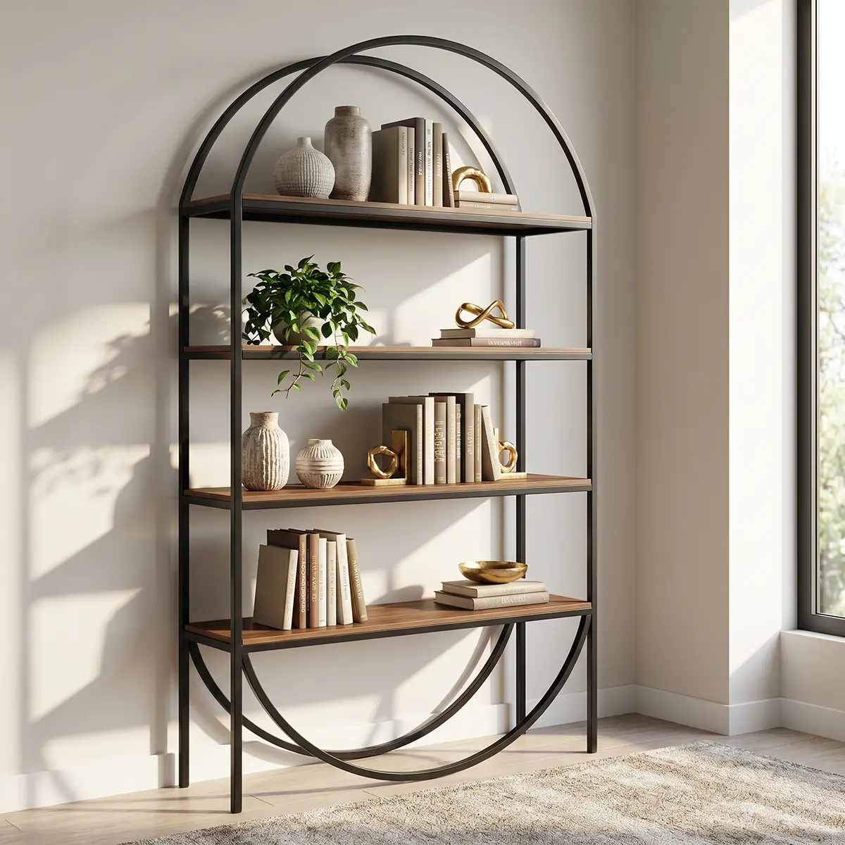 Modern curved display unit with black iron arch frame and warm wood veneer shelves, angled view