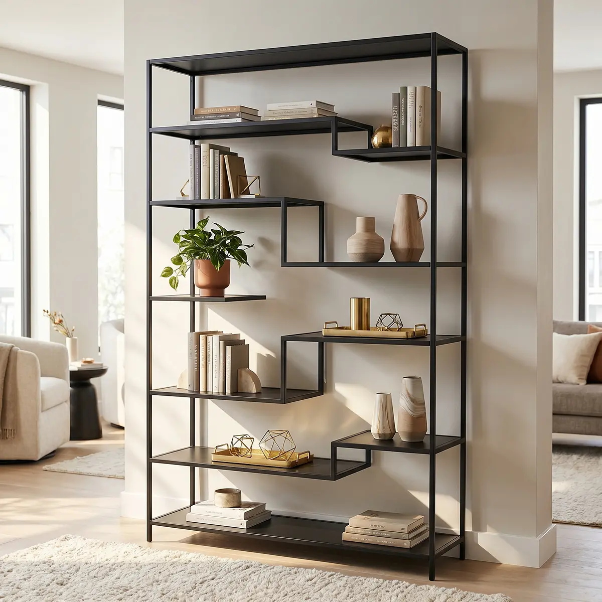 ST-011 display unit with black metal frame and staggered black glass shelves