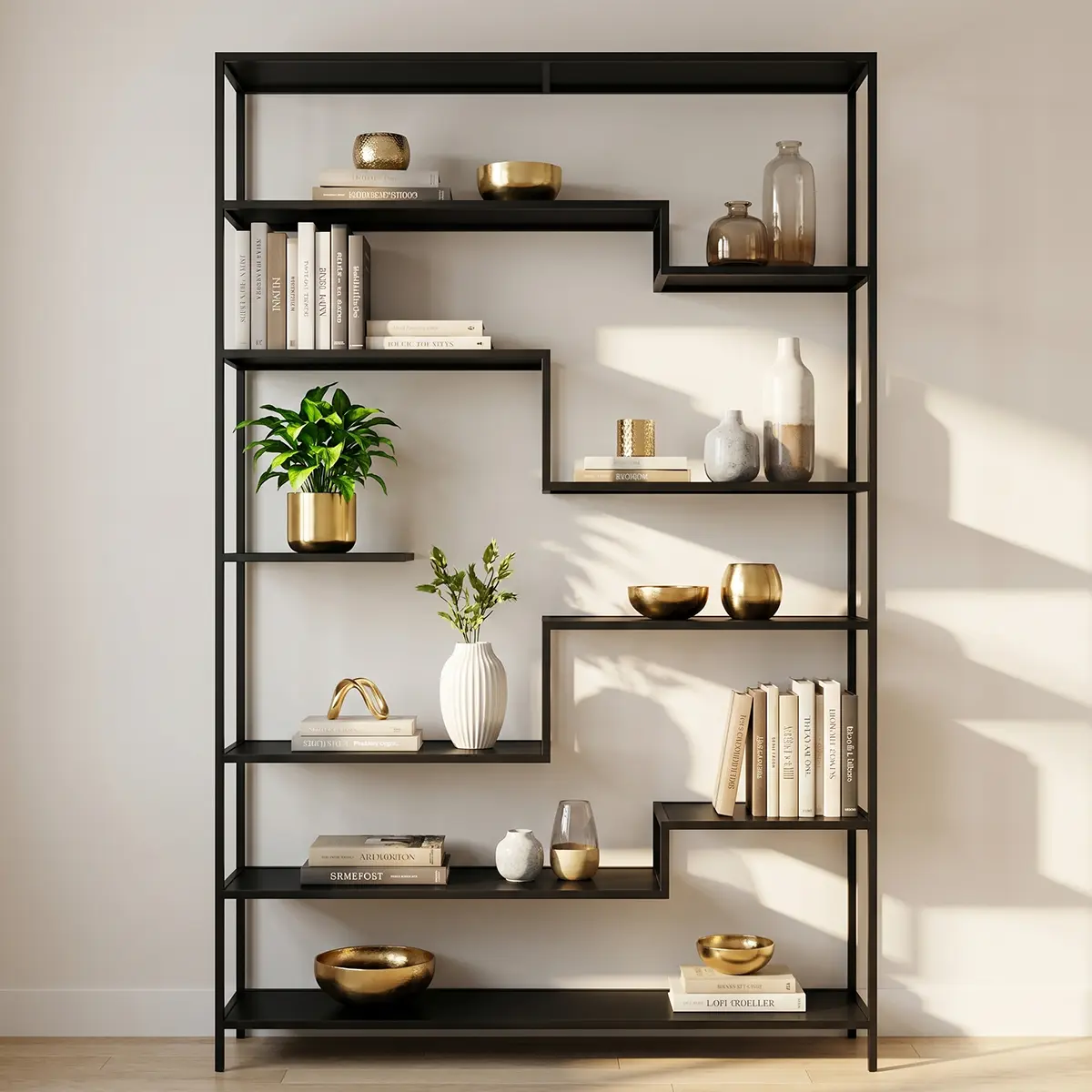 Tall black display shelf with stepped glass shelves and open metal frame, front view
