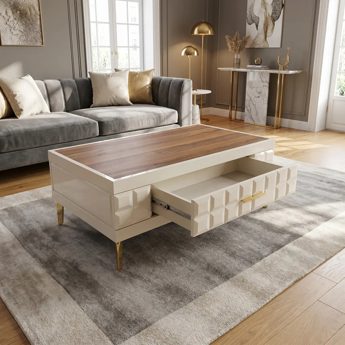 enice off-white coffee table with open drawer, geometric front and gold legs, side view