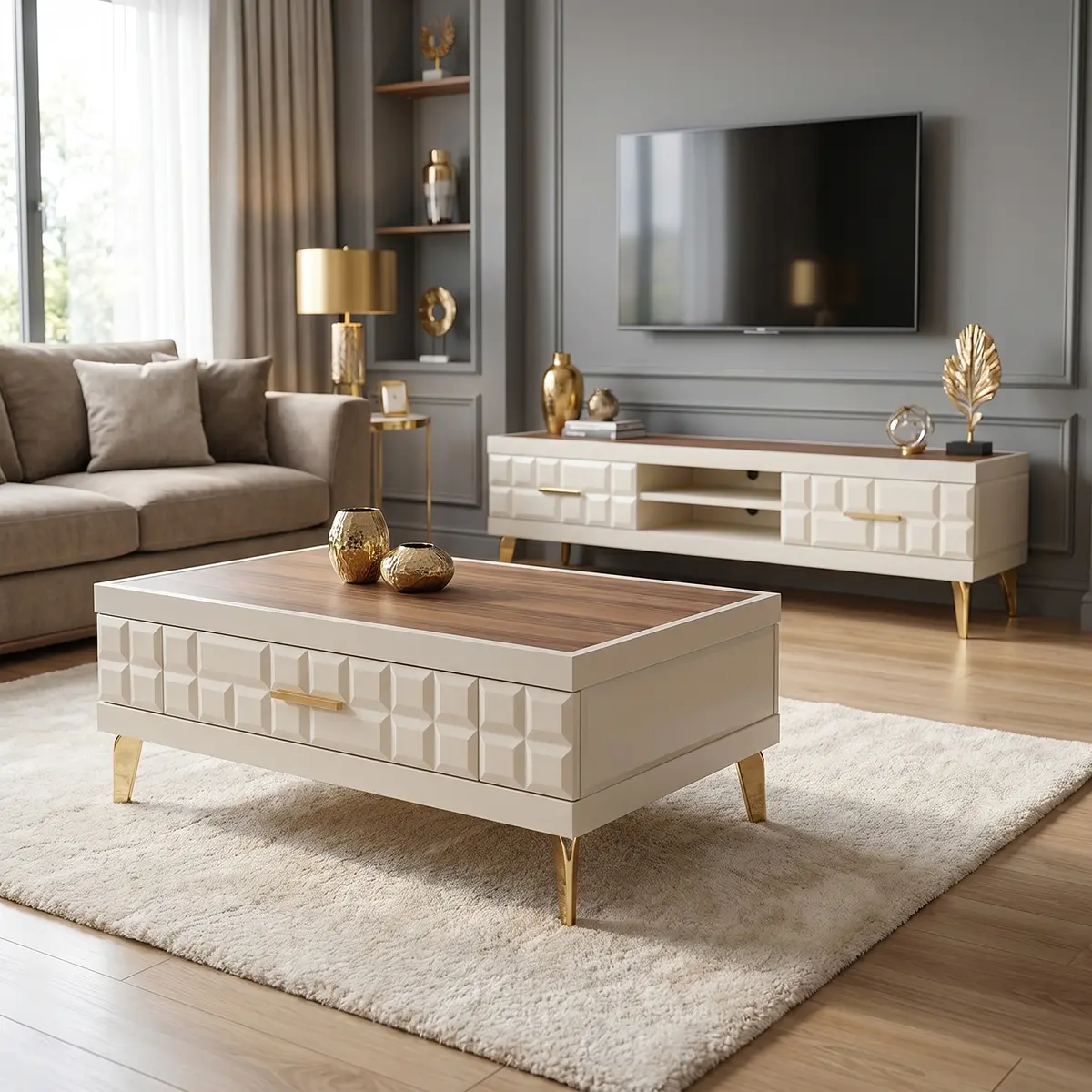 Venice cream coffee table with wood veneer top, 3D block drawer and gold legs