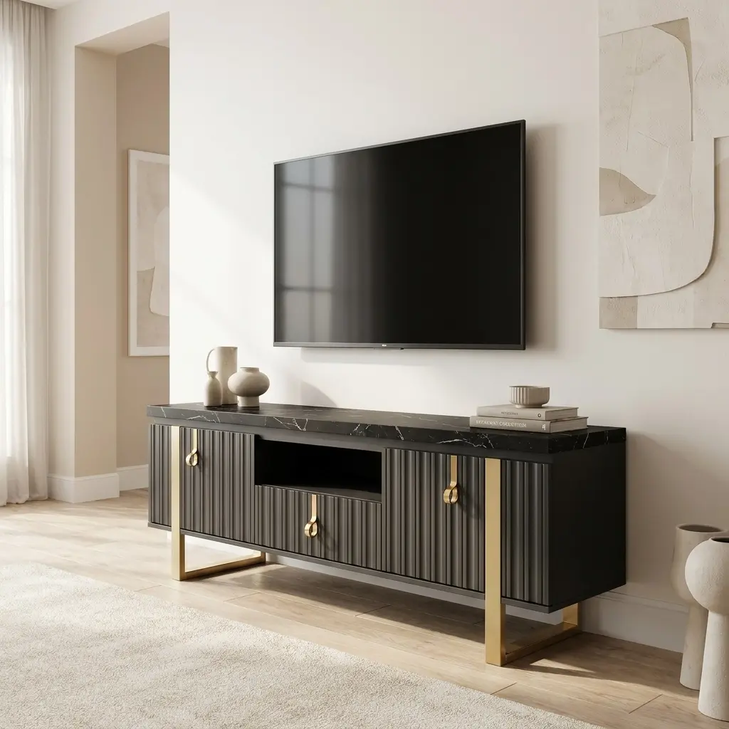 Verona black TV unit with fluted front, marble-effect top and gold metal legs