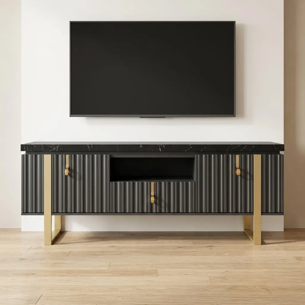Verona black fluted TV unit with marble-look top and gold handles, front view