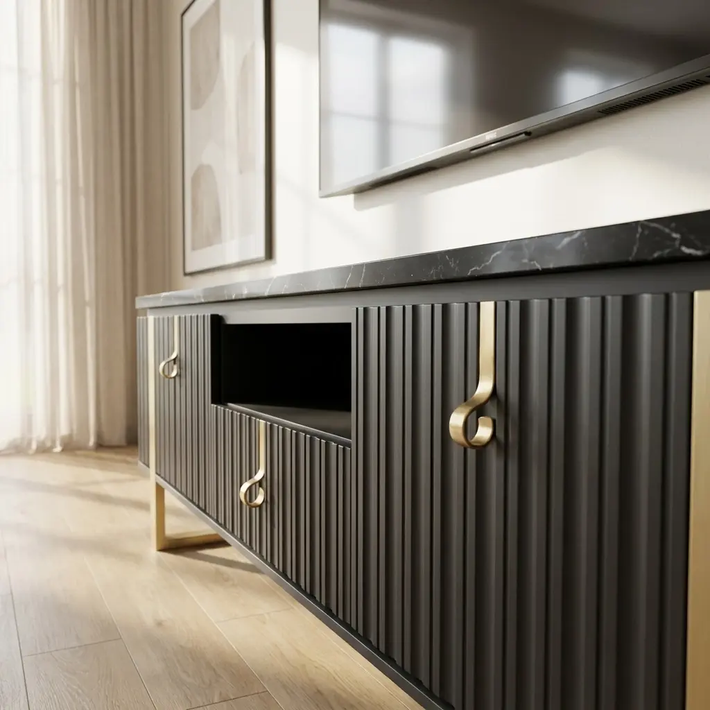 Close-up of Verona black TV unit showing fluted texture, gold handles and marble-effect surface