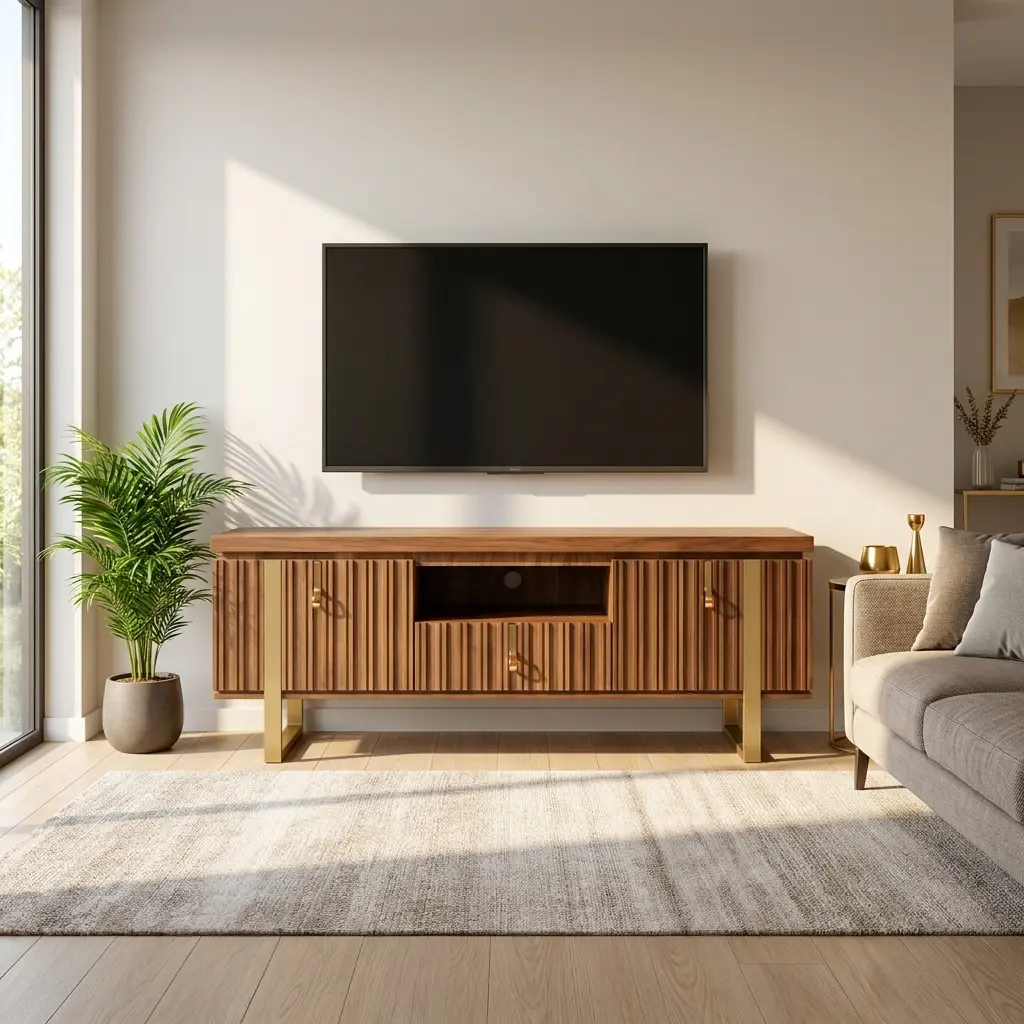 Verona wooden TV Unit with fluted front and gold metal legs