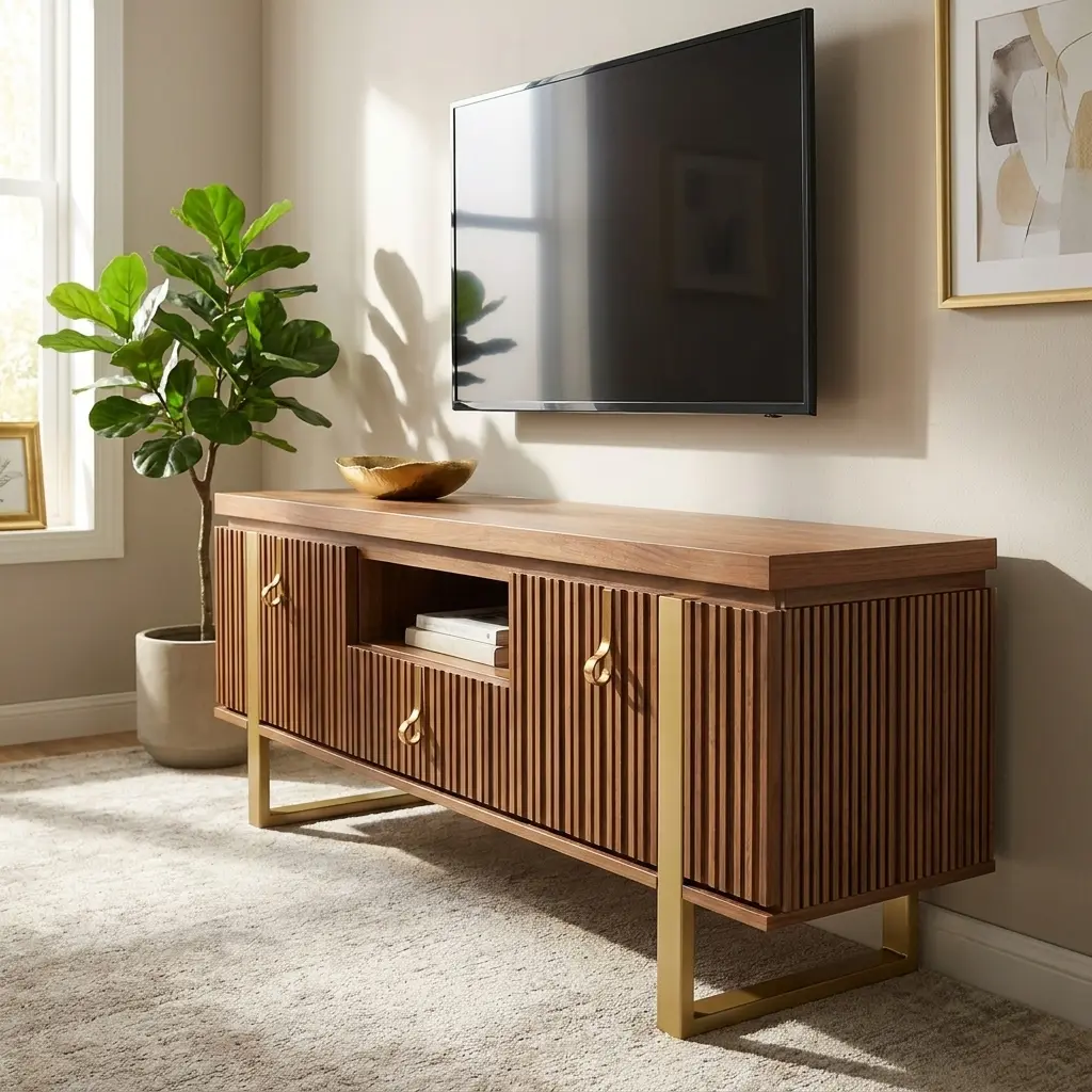 Verona wooden TV Unit with fluted design, open shelf and gold legs