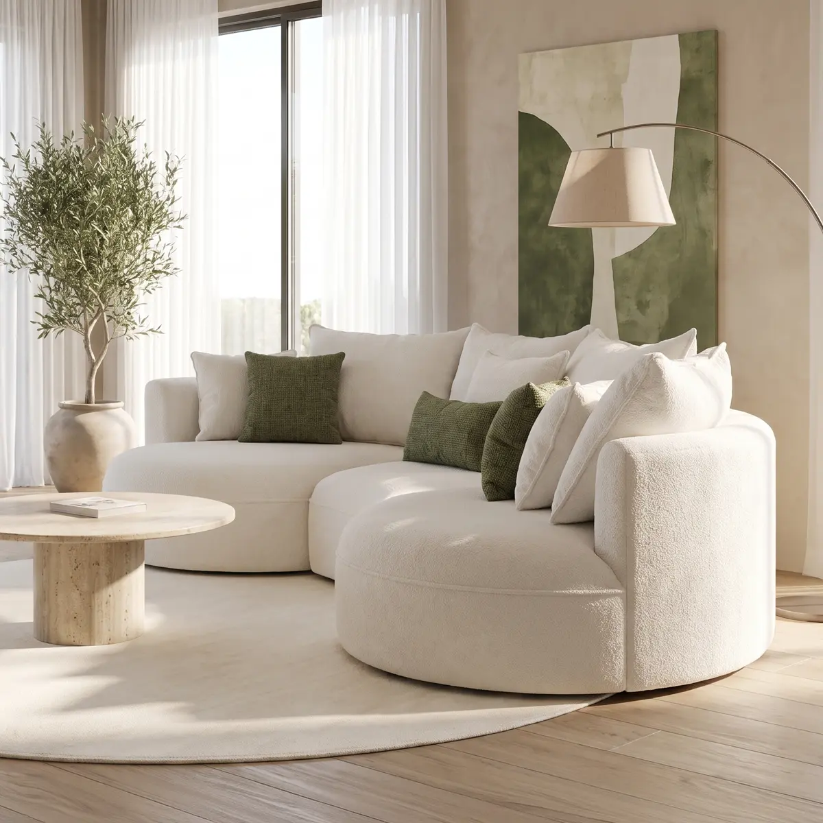 Solea curved boucle sofa with rounded chaise in a bright beige interior