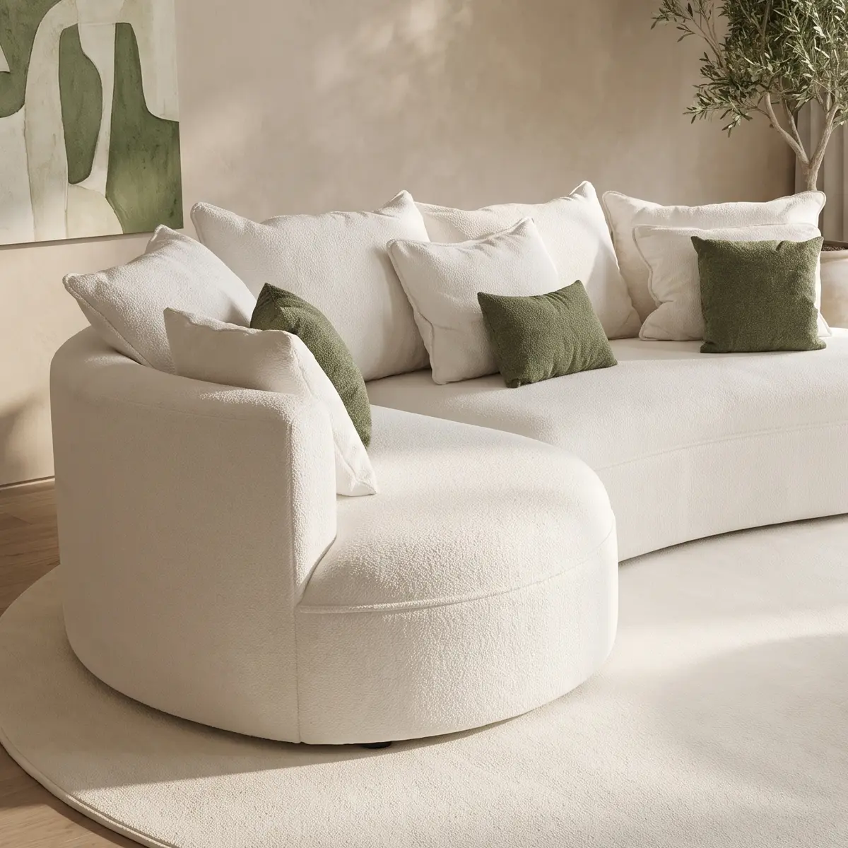 Solea curved sofa rounded chaise section in white boucle fabric