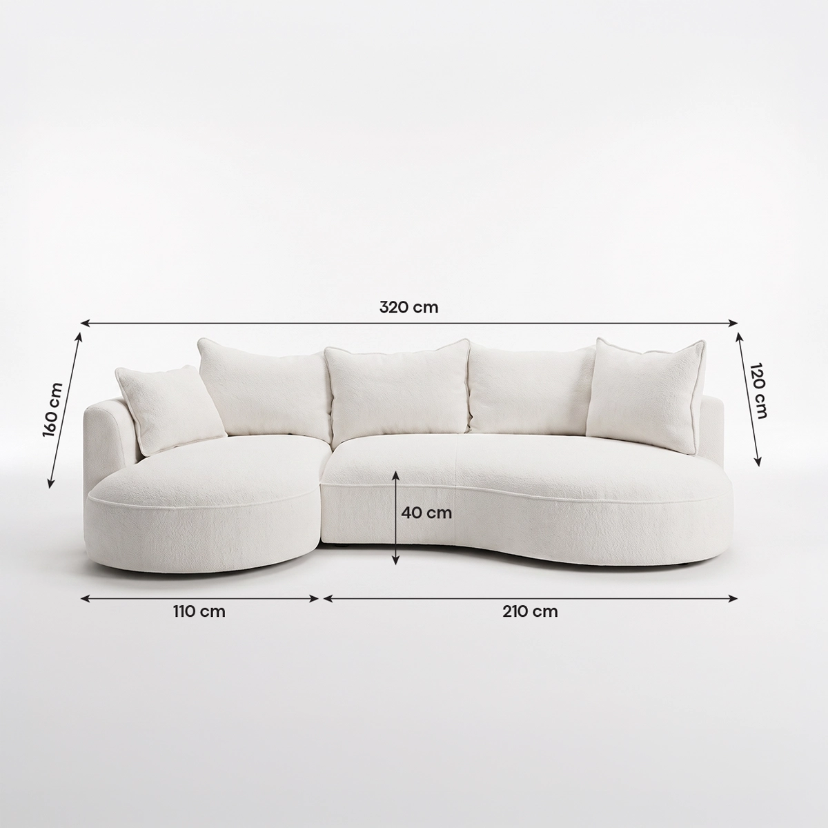 Solea curved sofa dimensions 320 cm by 120 cm on white background
