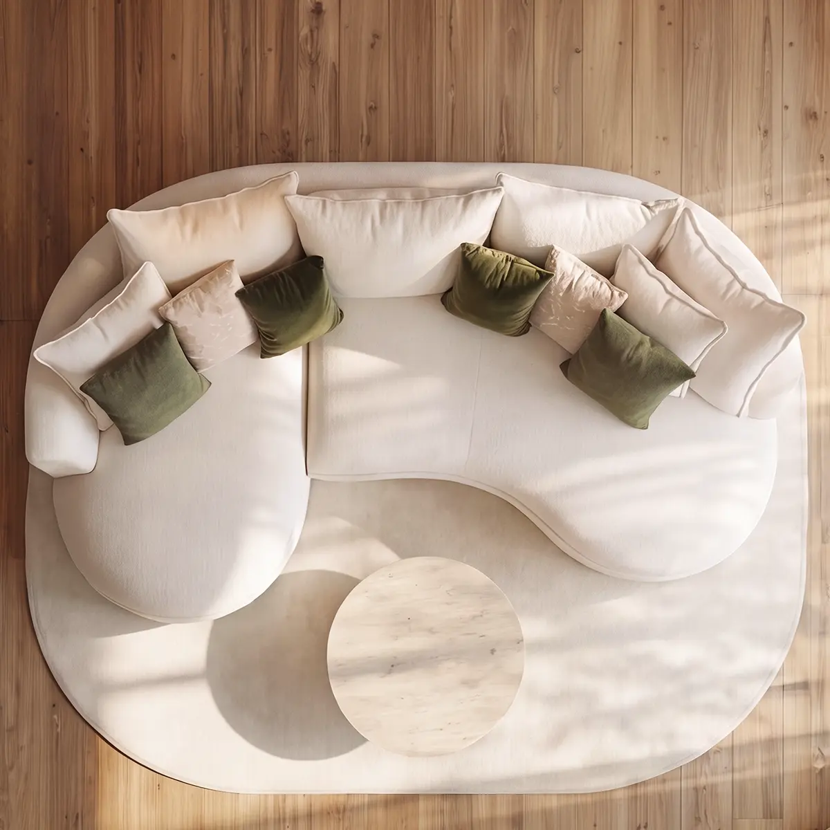 Top view of Solea curved sofa showing organic curved layout