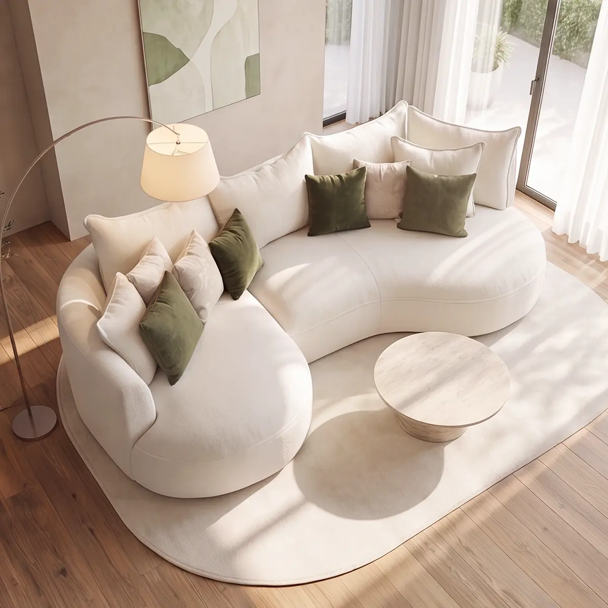 Aerial view of Solea curved boucle sofa with green accent cushions