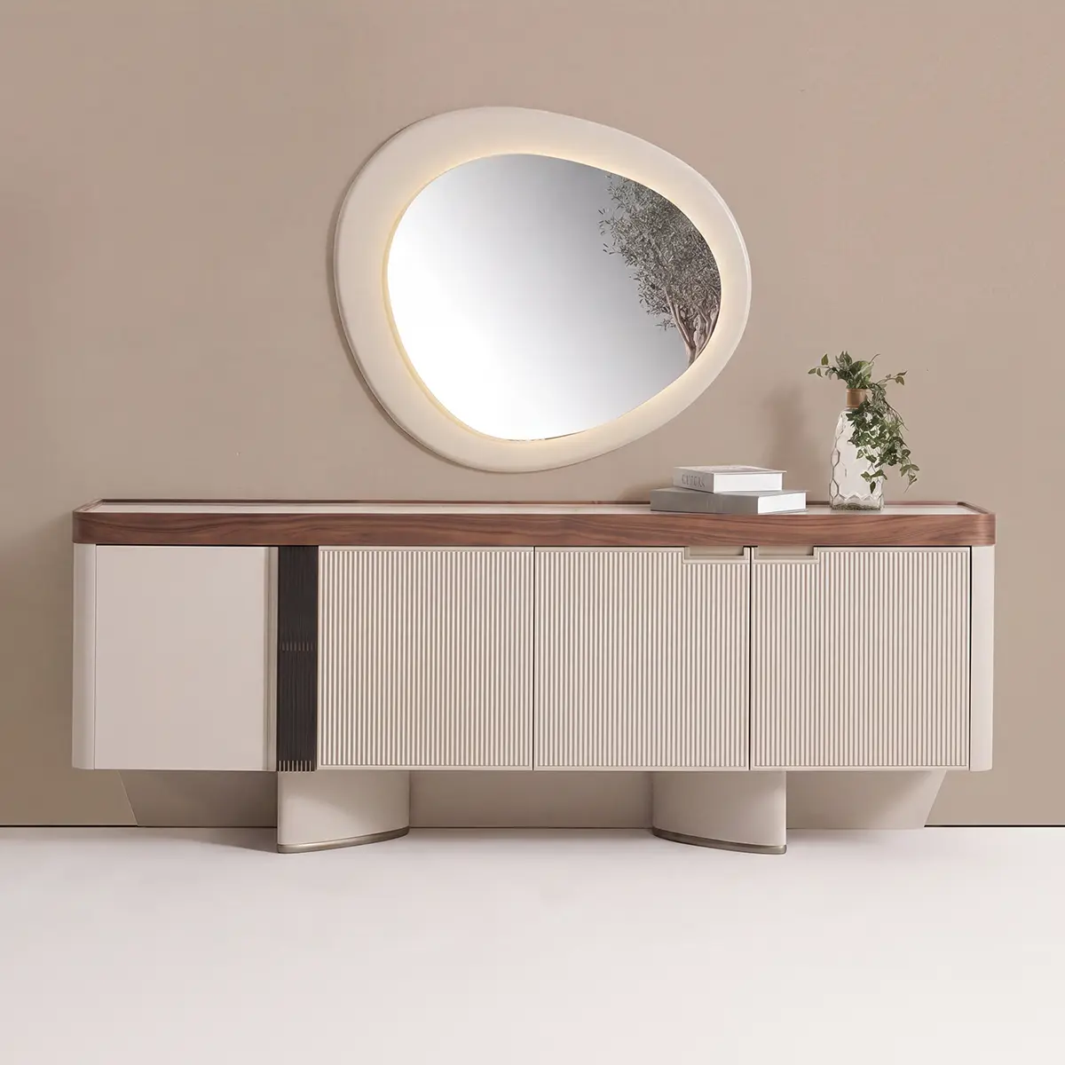 Estella Sideboard in Cream with Walnut top frame and organic LED mirror – Asbar Furniture
