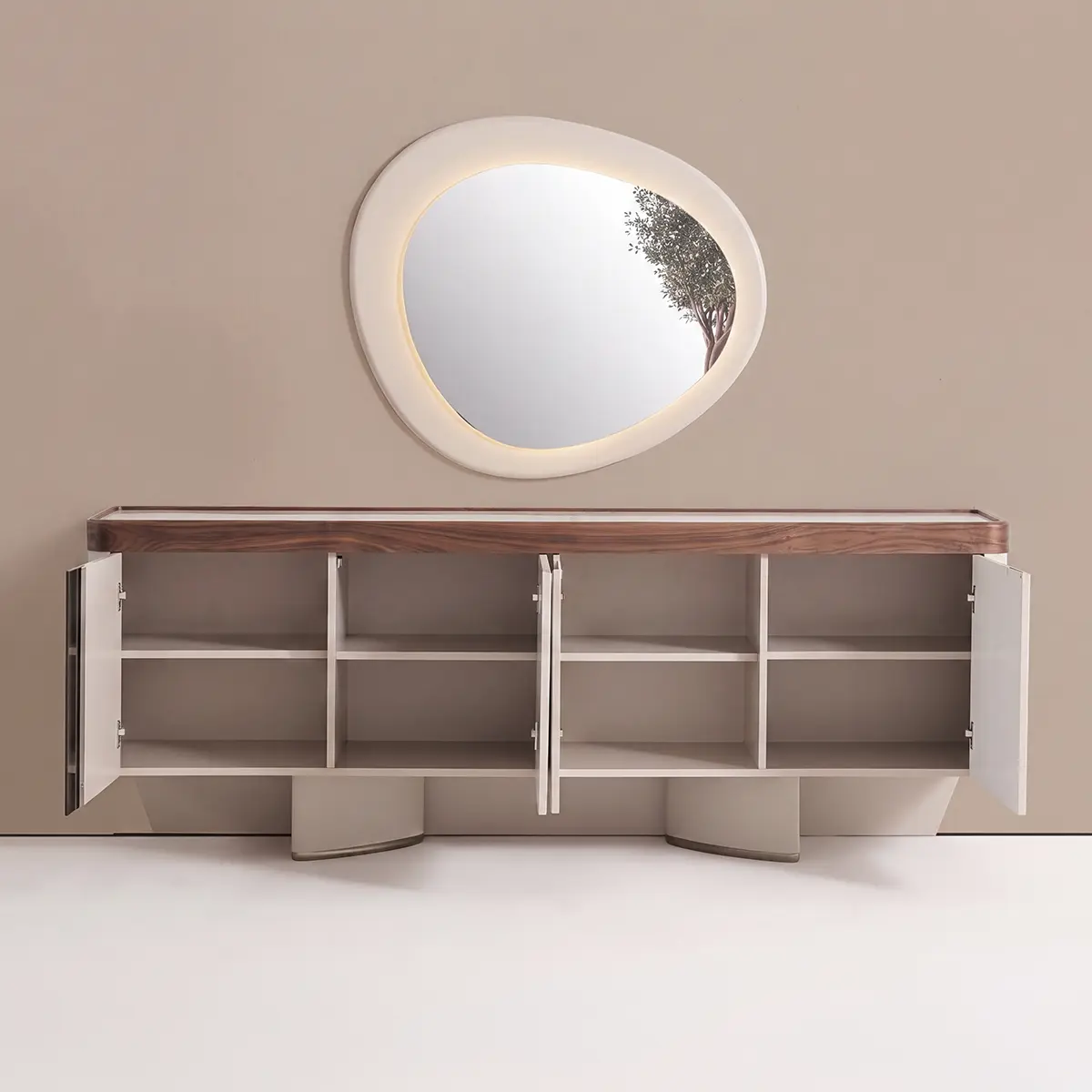 Estella Sideboard with all doors open showing internal shelving, front view – Asbar Furniture