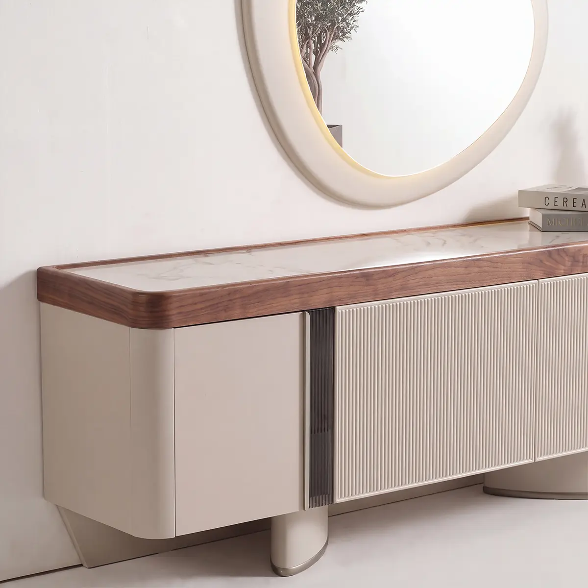 Estella Sideboard corner detail with Walnut frame and Marble-effect top – Asbar Furniture