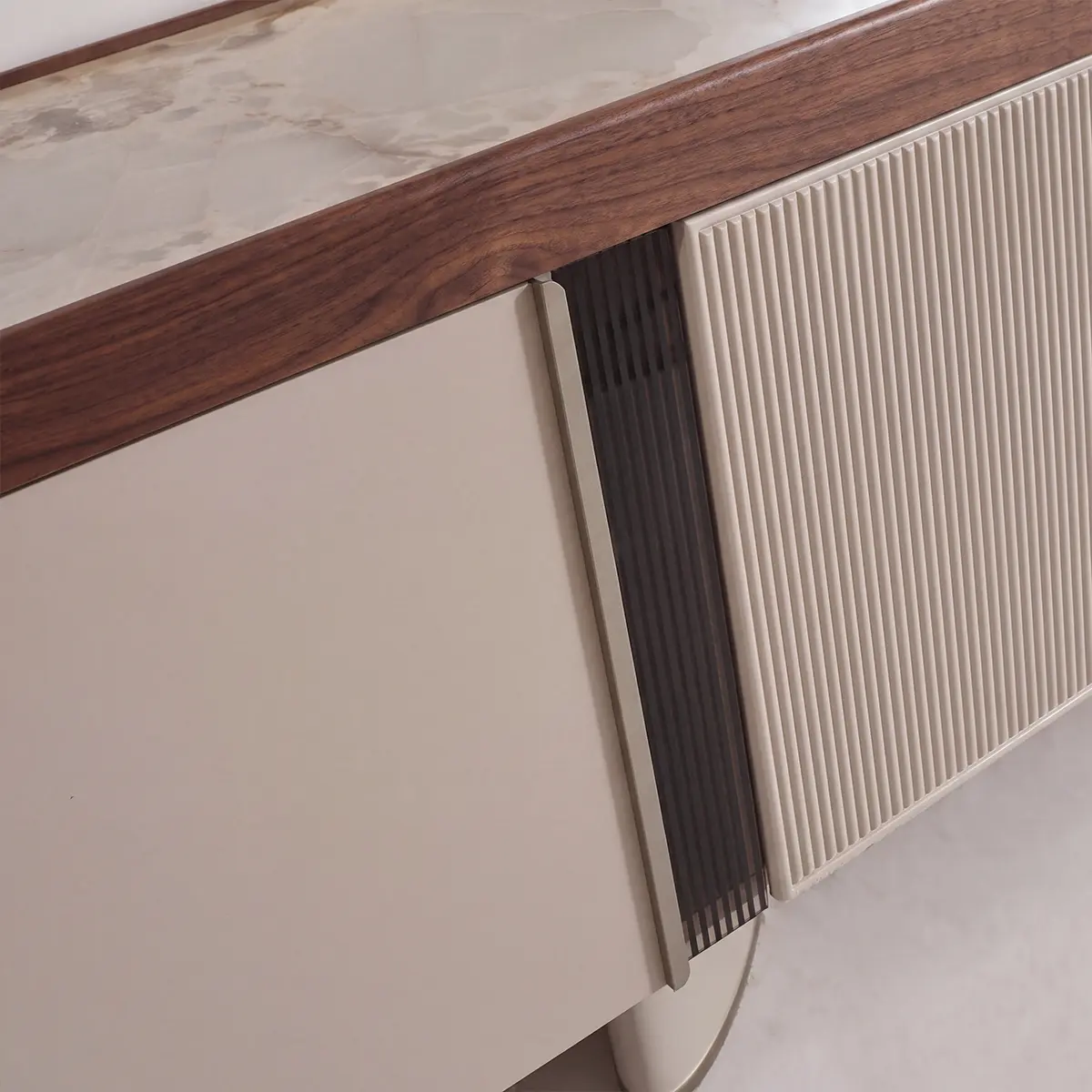 Close-up of Estella Sideboard fluted Cream doors and Walnut edge – Asbar Furniture