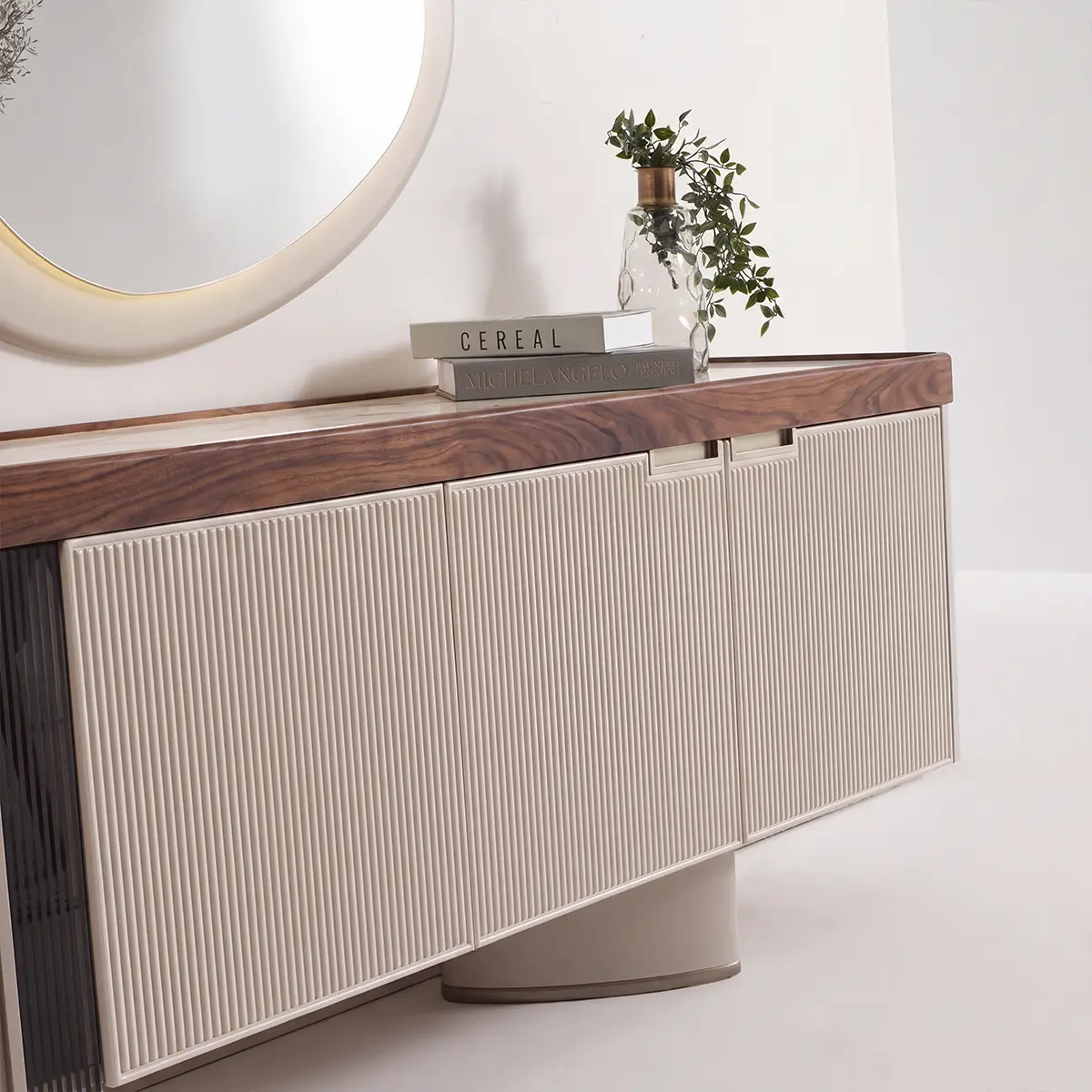 Estella Sideboard fluted doors and curved Cream pedestal base, angled view – Asbar Furniture