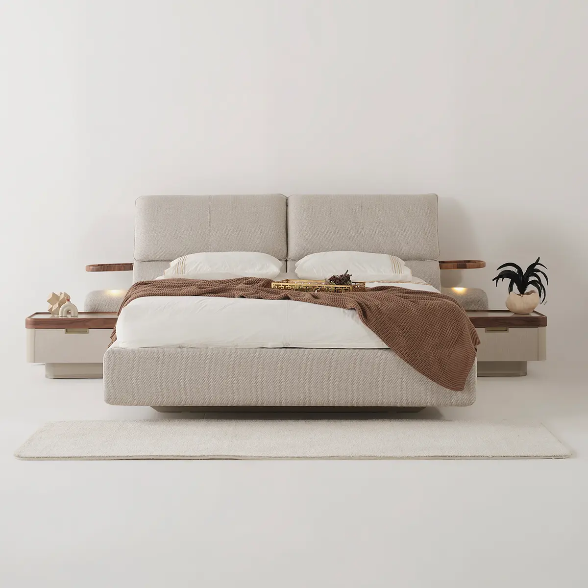 Estella upholstered bed in Cream boucle with matching nightstands, front view – Asbar Furniture