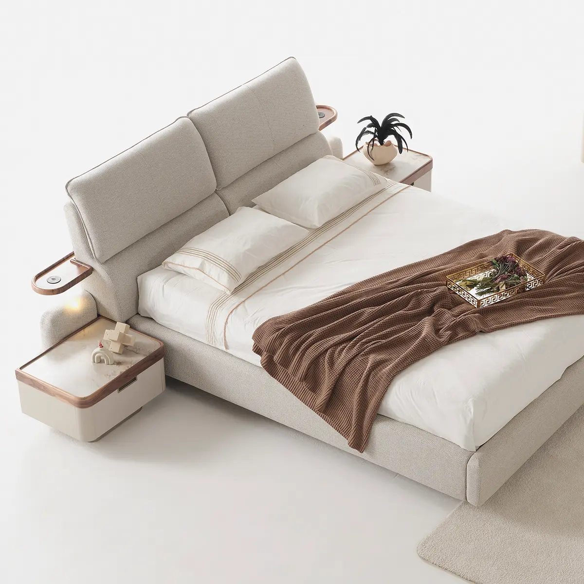 Estella bed with cushioned headboard and Walnut side trays, angled view – Asbar Furniture