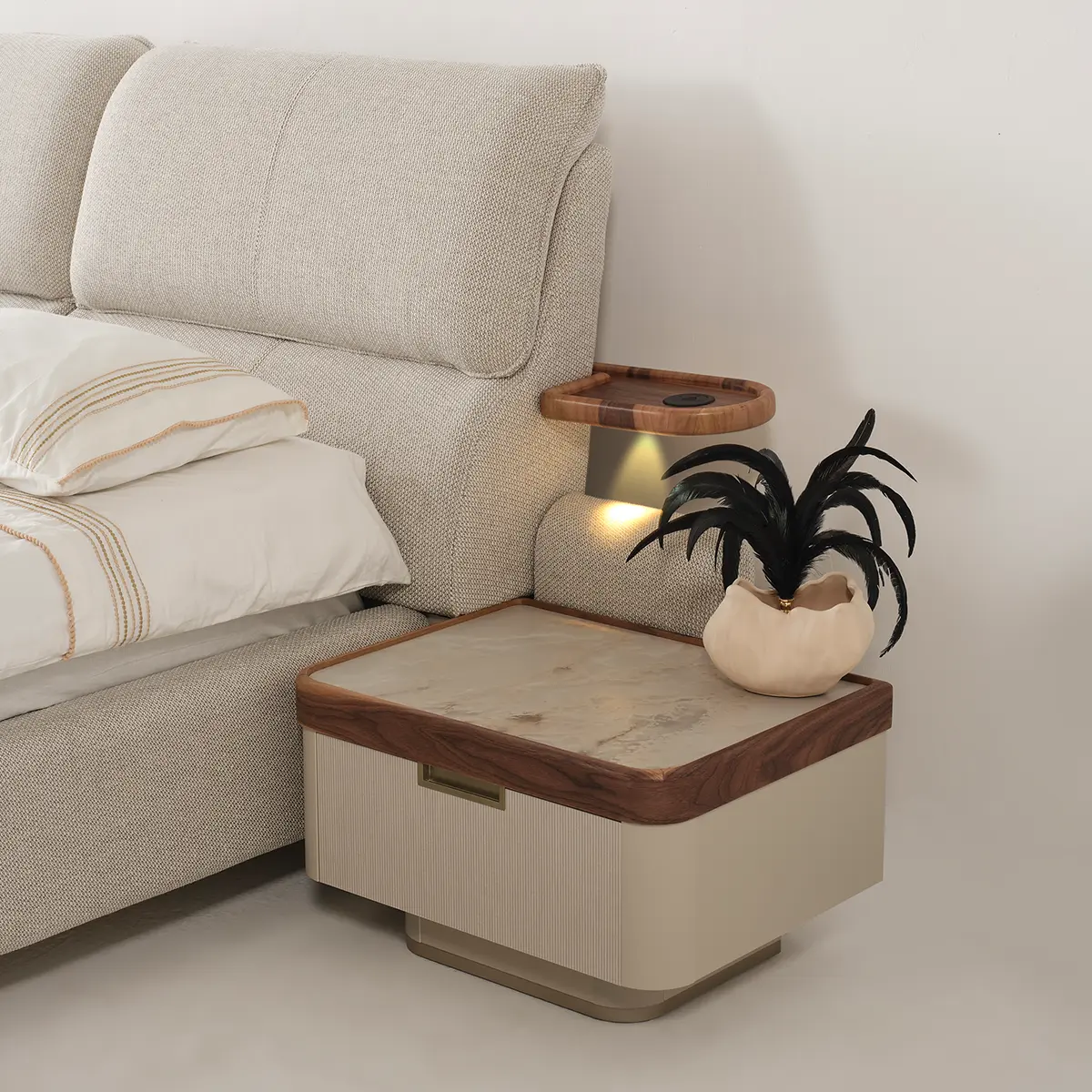 Estella nightstand with Marble-effect top, fluted drawer and integrated LED lighting – Asbar Furniture