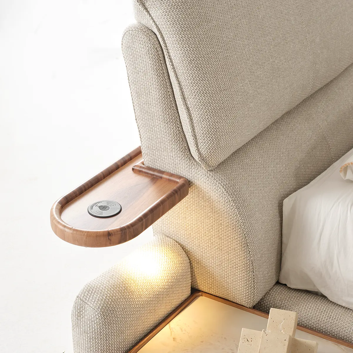 Estella bed side tray in natural Walnut with built-in wireless charger – Asbar Furniture