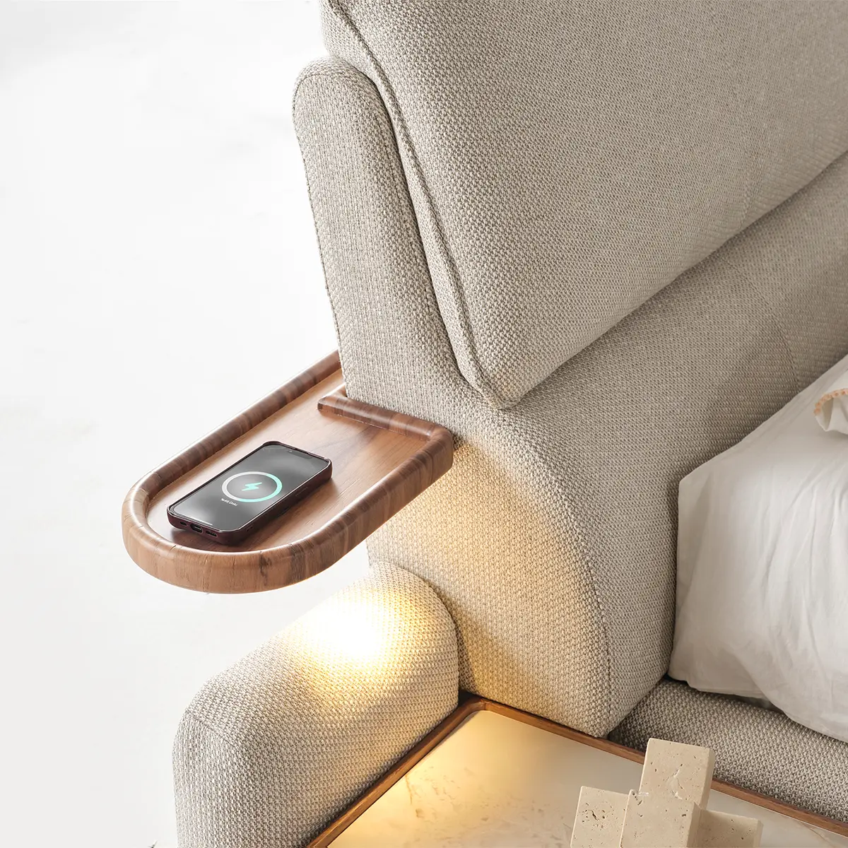 Phone charging on the Estella bed wireless charging tray – Asbar Furniture