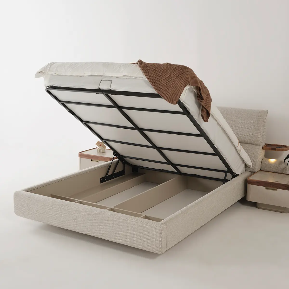 Estella bed with hydraulic lift-up storage base open – Asbar Furniture
