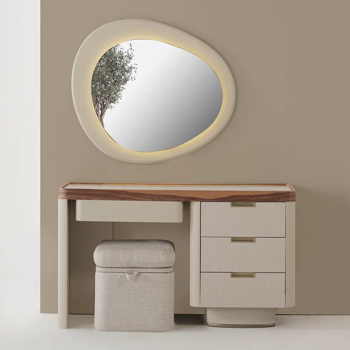 Estella dressing table with LED mirror, fluted drawers and storage stool – Asbar Furniture