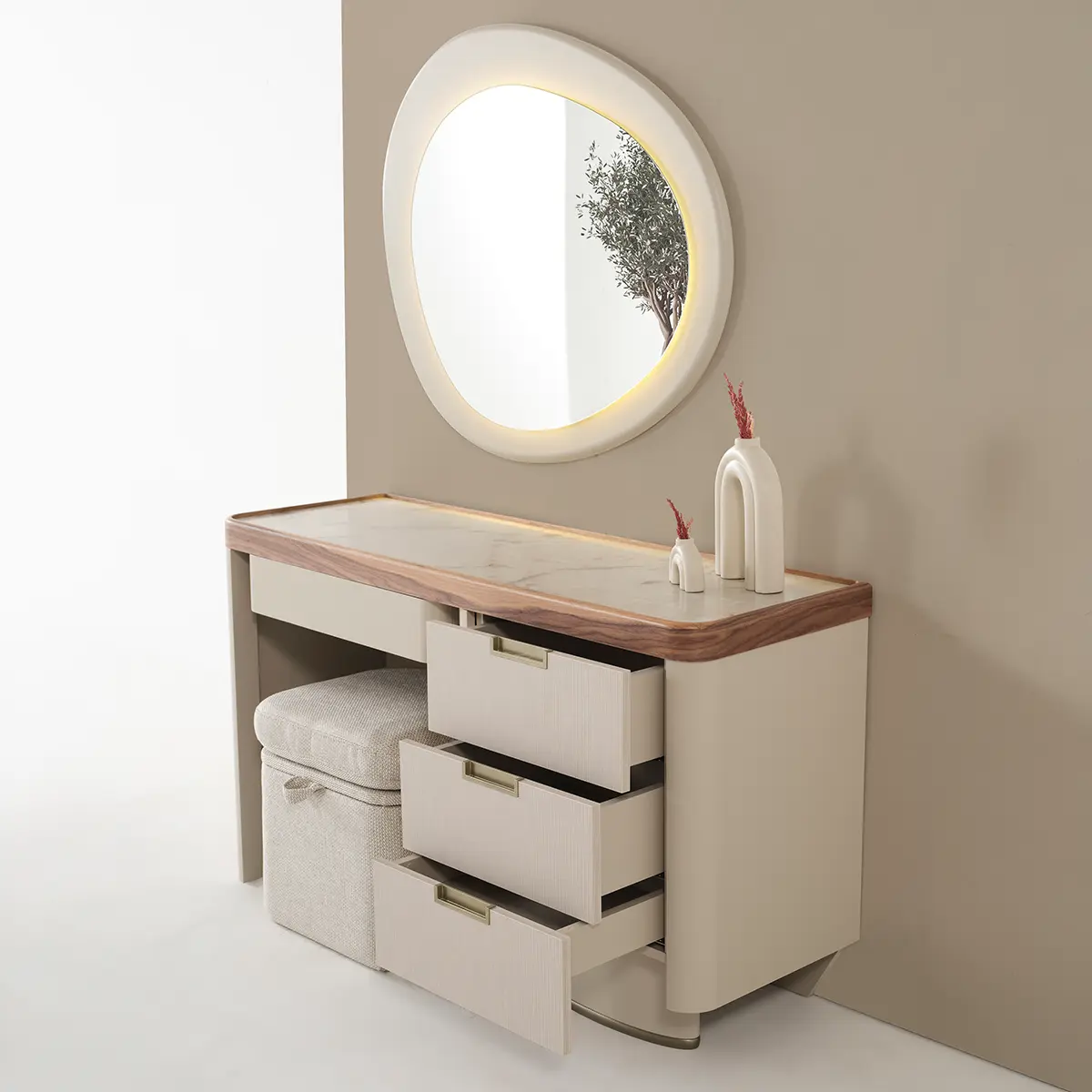 Estella dressing table with all drawers open, angled view – Asbar Furniture