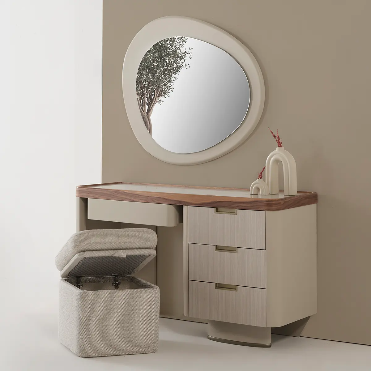 Estella dressing table with open storage stool and organic LED mirror – Asbar Furniture