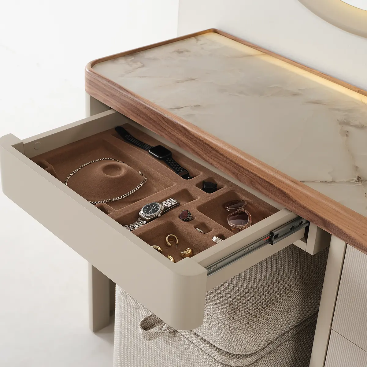 Estella dressing table drawer with felt-lined jewellery compartments – Asbar Furniture