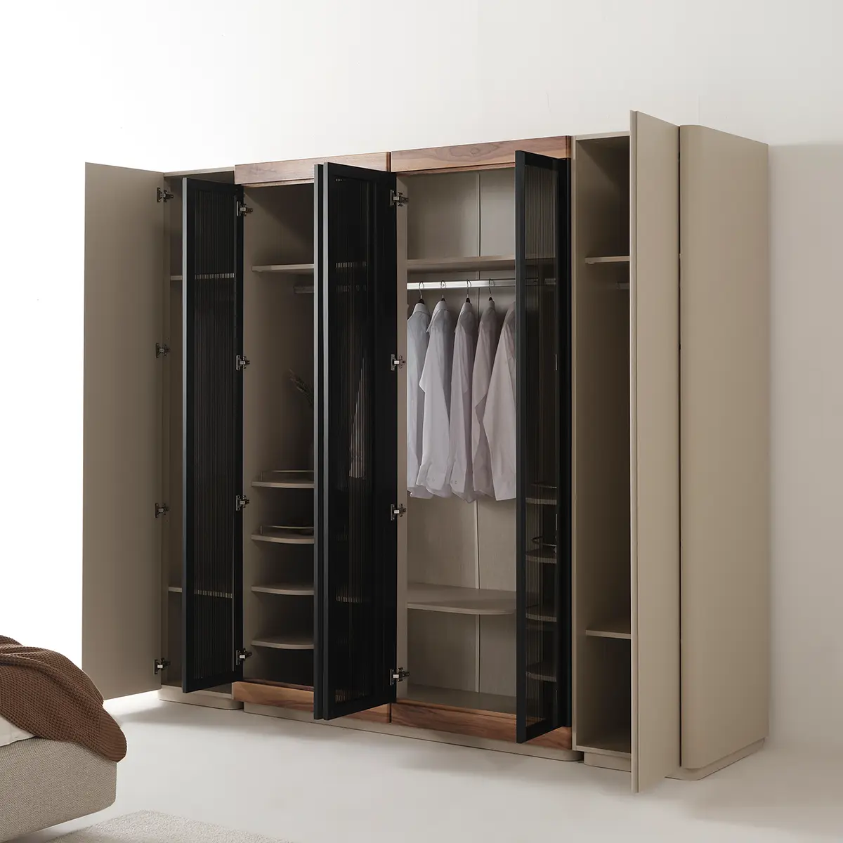 Estella wardrobe with all doors open showing hanging space and shelves – Asbar Furniture