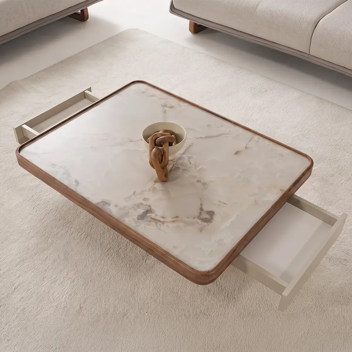 Estella Coffee Table with two side drawers open, Marble-effect top – Asbar Furniture
