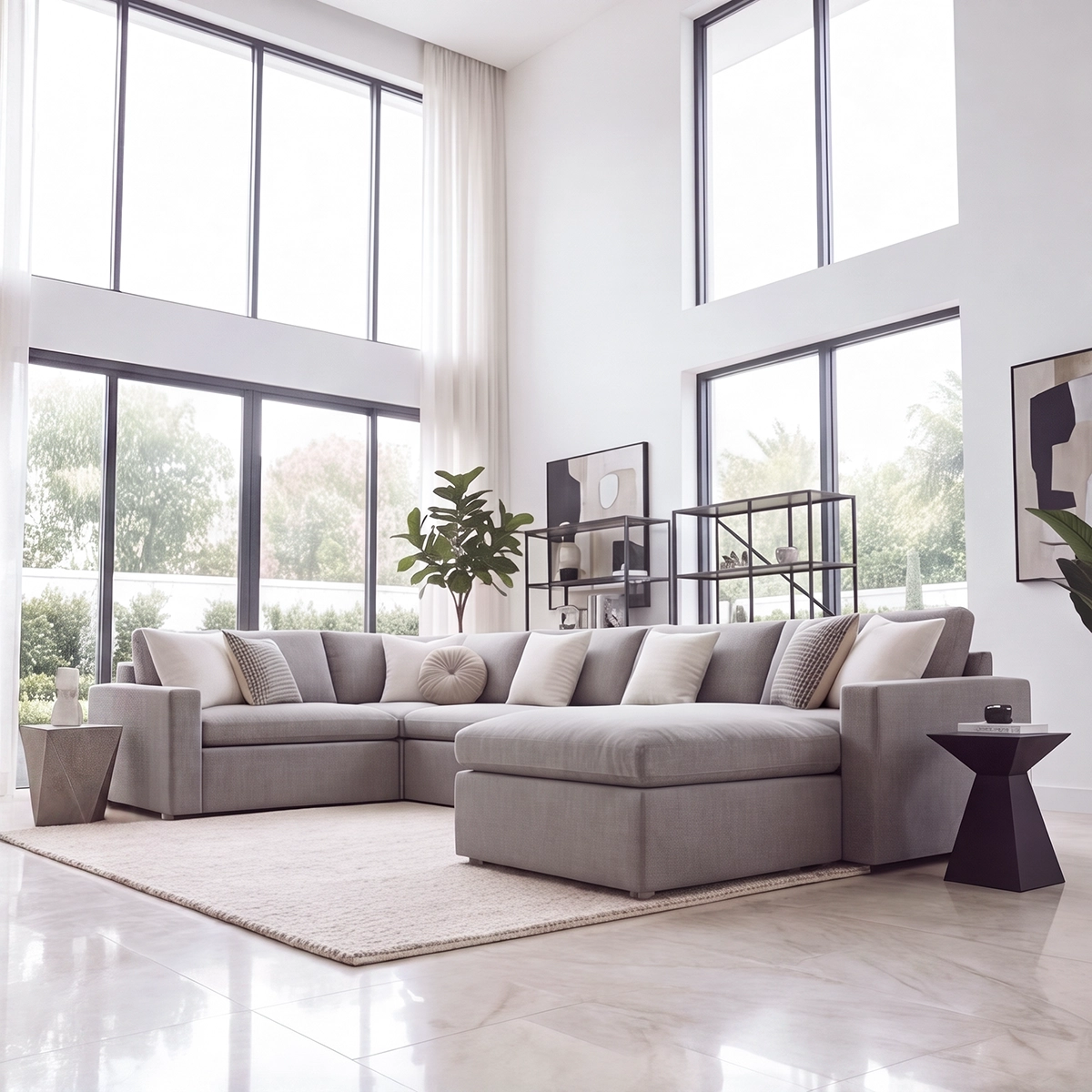 Nuvola Corner Sofa in Light Grey with chaise section, angled view – Asbar Furniture
