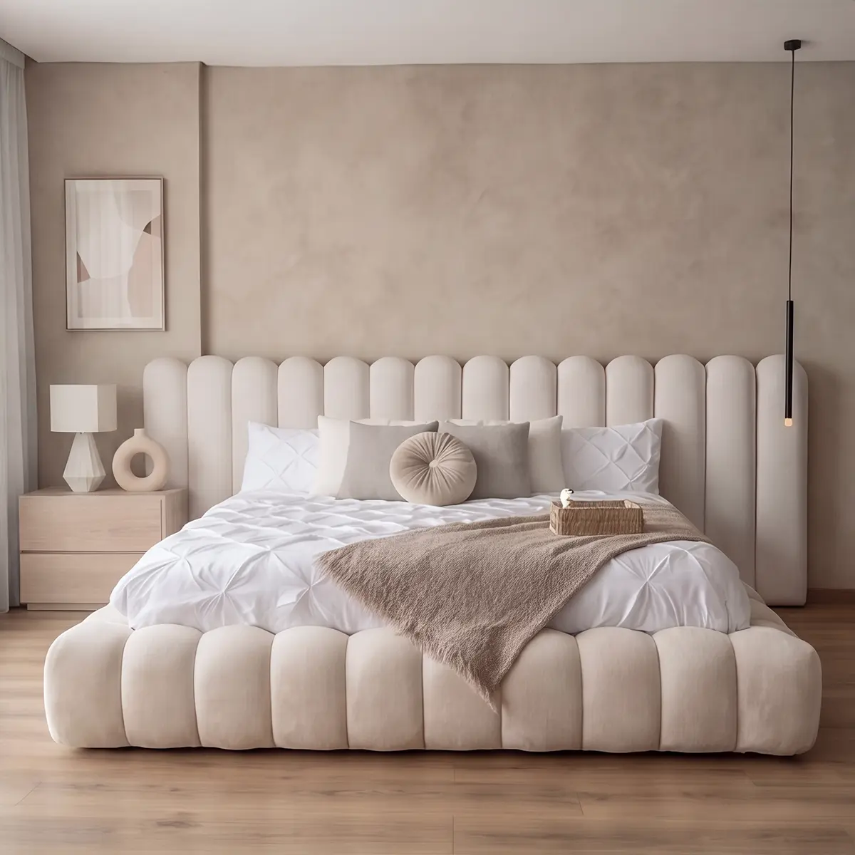 Recamara Kingbed cream upholstered bed in a modern bedroom with fluted headboard